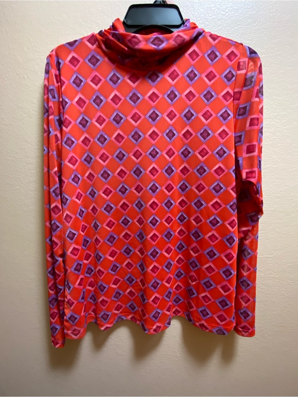 Attitudes by Renee Red Mesh with Purple and Pink Geometric Mock Neck Medium